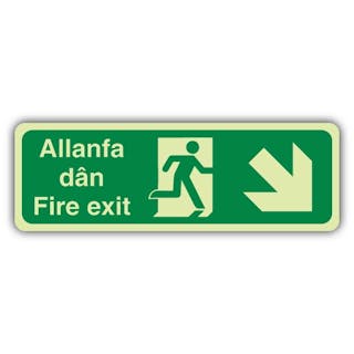 Photoluminescent Welsh/English - Fire Exit Arrow Down Right