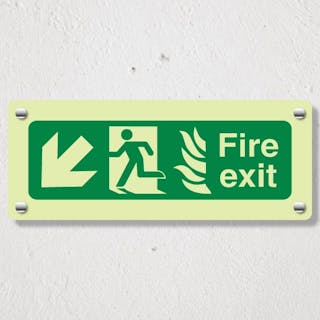 Photoluminescent NHS Fire Exit Arrow Down Left -  Acrylic Sign