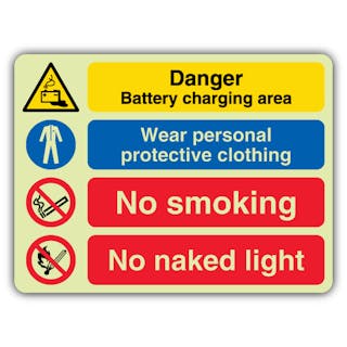 Photoluminescent Danger Battery - Wear Ppe - No Smoking - No Naked Light