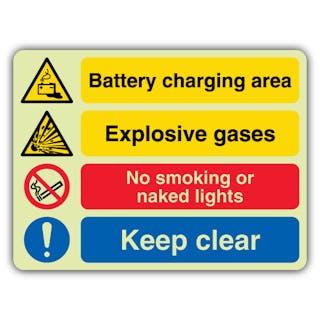 Photoluminescent Battery Charging Area - Explosive Gases - No Smoking - Keep Clear