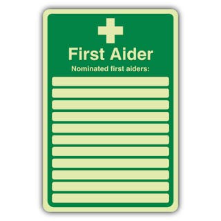 Photoluminescent First Aider - Nominated First Aiders: