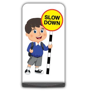 School Kid Flat Panel Pavement Sign - Charlie  - Slow Down - Blue Uniform