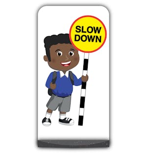 School Kid Flat Panel Pavement Sign - Toby  - Slow Down - Blue Uniform