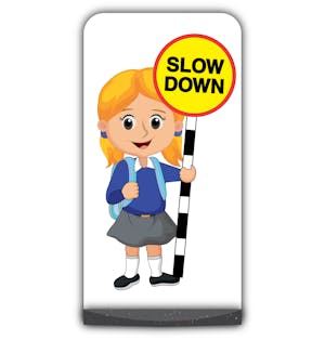 School Kid Flat Panel Pavement Sign - Jess  - Slow Down - Blue Uniform