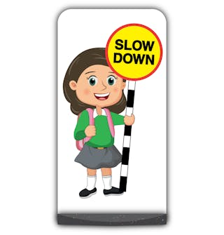 School Kid Flat Panel Pavement Sign - Mollie  - Slow Down - Green Uniform