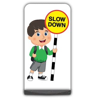 School Kid Flat Panel Pavement Sign - Charlie  - Slow Down - Green Uniform