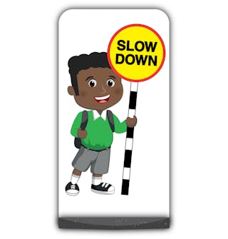 School Kid Flat Panel Pavement Sign - Toby  - Slow Down - Green Uniform