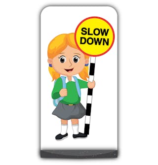 School Kid Flat Panel Pavement Sign - Jess  - Slow Down - Green Uniform