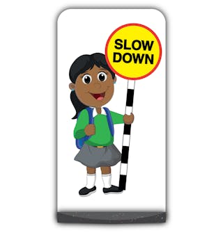 School Kid Flat Panel Pavement Sign - Ruby  - Slow Down - Green Uniform