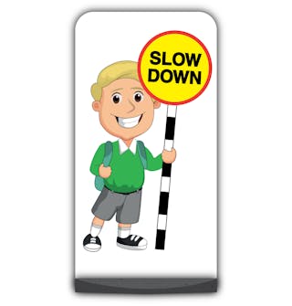 School Kid Flat Panel Pavement Sign - Finn  - Slow Down - Green Uniform