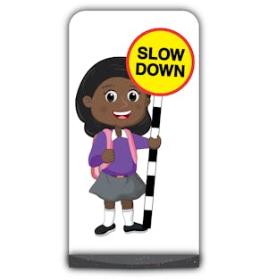 School Kid Flat Panel Pavement Sign - Naomi  - Slow Down - Purple Uniform