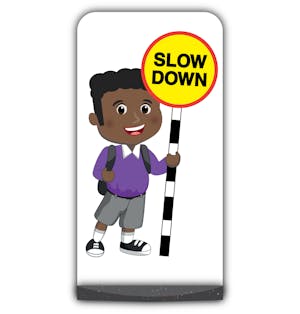 School Kid Flat Panel Pavement Sign - Toby  - Slow Down - Purple Uniform