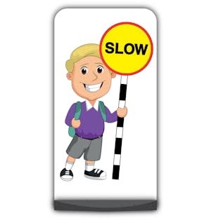 School Kid Flat Panel Pavement Sign - Finn  - Slow - Purple Uniform