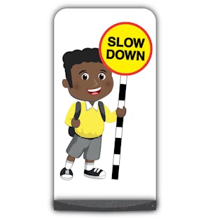 School Kid Flat Panel Pavement Sign - Toby  - Slow Down - Yellow Uniform