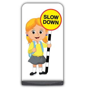 School Kid Flat Panel Pavement Sign - Jess  - Slow Down - Yellow Uniform