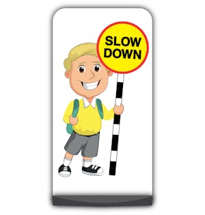 School Kid Flat Panel Pavement Sign - Finn  - Slow Down - Yellow Uniform