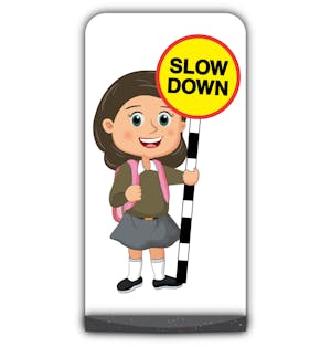 School Kid Flat Panel Pavement Sign - Mollie  - Slow Down - Brown Uniform