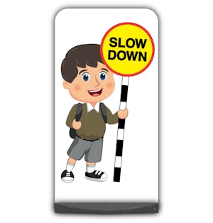 School Kid Flat Panel Pavement Sign - Charlie  - Slow Down - Brown Uniform