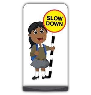 School Kid Flat Panel Pavement Sign - Ruby  - Slow Down - Brown Uniform