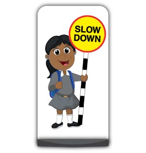 School Kid Flat Panel Pavement Sign - Ruby  - Slow Down - Grey Uniform