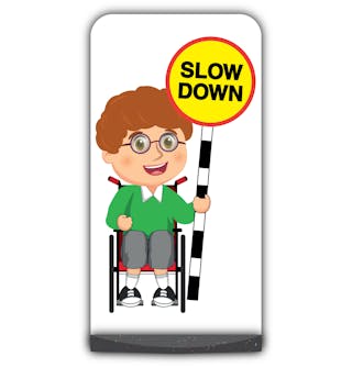 School Kid Flat Panel Pavement Sign - Ben  - Slow Down - Green Uniform