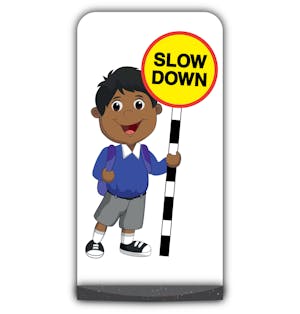 School Kid Flat Panel Pavement Sign -  Kamal  - Slow Down - Blue Uniform