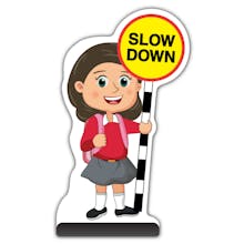 School Kid Cut Out Pavement Sign - Mollie  - Slow Down - Red Uniform