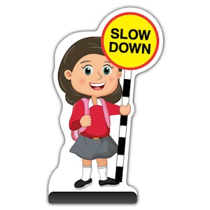 School Kid Cut Out Pavement Sign - Mollie  - Slow Down - Red Uniform