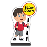 School Kid Cut Out Pavement Sign - Charlie  - Slow Down - Red Uniform