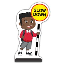 School Kid Cut Out Pavement Sign - Toby  - Slow Down - Red Uniform