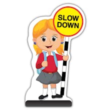 School Kid Cut Out Pavement Sign - Jess  - Slow Down - Red Uniform