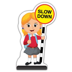 School Kid Cut Out Pavement Sign - Jess  - Slow Down - Red Uniform