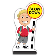 School Kid Cut Out Pavement Sign - Finn  - Slow Down - Red Uniform