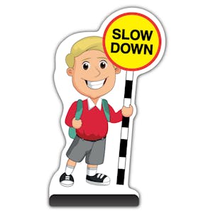 School Kid Cut Out Pavement Sign - Finn  - Slow Down - Red Uniform