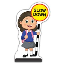 School Kid Cut Out Pavement Sign - Mollie  - Slow Down - Blue Uniform