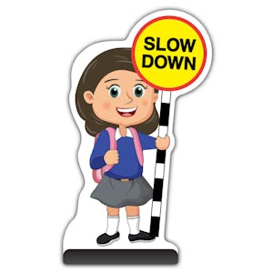 School Kid Cut Out Pavement Sign - Mollie  - Slow Down - Blue Uniform