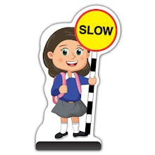 School Kid Cut Out Pavement Sign - Mollie  - Slow - Blue Uniform