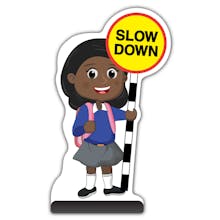 School Kid Cut Out Pavement Sign - Naomi  - Slow Down - Blue Uniform