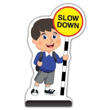 School Kid Cut Out Pavement Sign - Charlie  - Slow Down - Blue Uniform