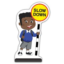 School Kid Cut Out Pavement Sign - Toby  - Slow Down - Blue Uniform