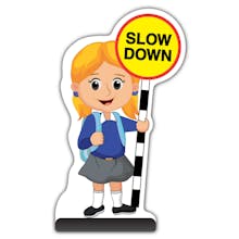 School Kid Cut Out Pavement Sign - Jess  - Slow Down - Blue Uniform