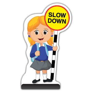 School Kid Cut Out Pavement Sign - Jess  - Slow Down - Blue Uniform