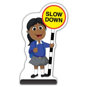 School Kid Cut Out Pavement Sign - Ruby  - Slow Down - Blue Uniform