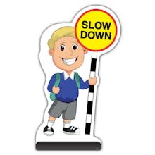 School Kid Cut Out Pavement Sign - Finn  - Slow Down - Blue Uniform