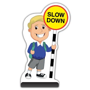 School Kid Cut Out Pavement Sign - Finn  - Slow Down - Blue Uniform