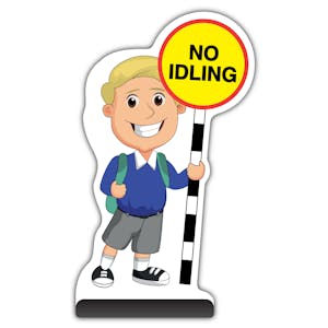 School Kid Cut Out Pavement Sign - Finn  - No Idling - Blue Uniform