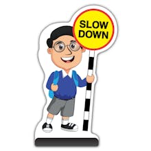 School Kid Cut Out Pavement Sign -  Liam  - Slow Down - Blue Uniform