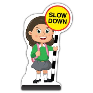 School Kid Cut Out Pavement Sign - Mollie  - Slow Down - Green Uniform