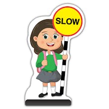 School Kid Cut Out Pavement Sign - Mollie  - Slow - Green Uniform