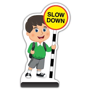 School Kid Cut Out Pavement Sign - Charlie  - Slow Down - Green Uniform